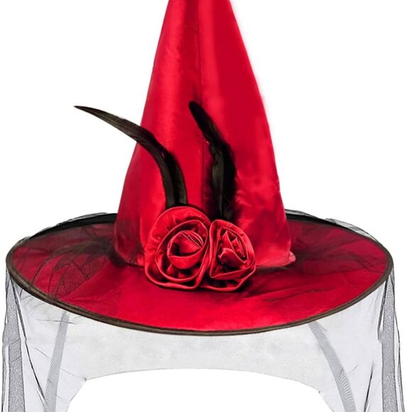 Halloween Witch Hat with Soft Lace Mesh Rose Flower and Feather, Halloween Costu - Picture 1 of 7